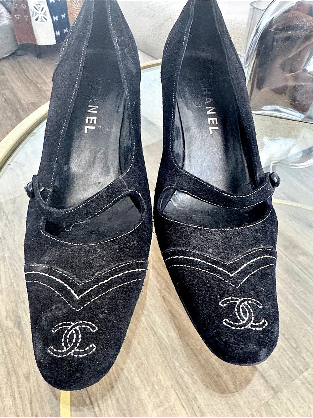 Chanel Black Logo Mary Jane Pumps.